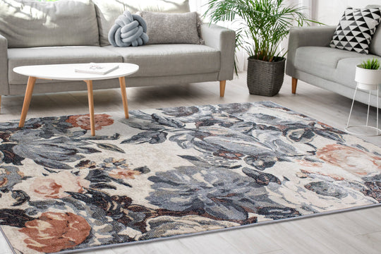 Abbey Grey Cream Orange Floral Rug - Furniture Depot