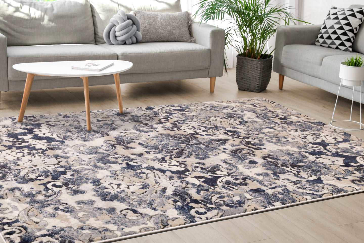 Alida Grey Blue Damask Rug - Furniture Depot