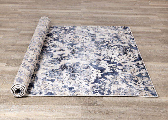 Alida Grey Blue Damask Rug - Furniture Depot