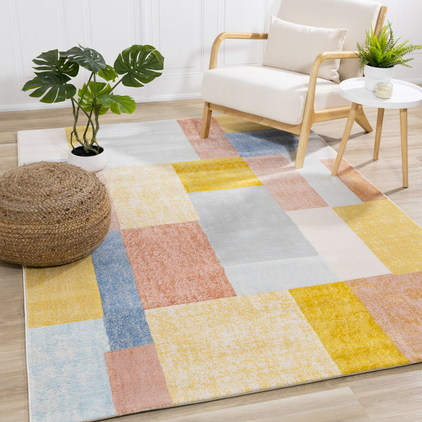 Belle Yellow Orange Blue Colour Blocks Rug - Furniture Depot