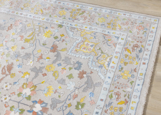 Belle Cream Yellow Blue Classic Border Rug - Furniture Depot