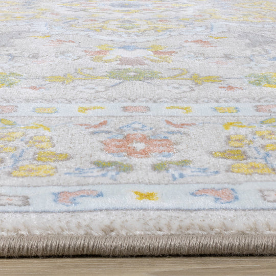 Belle Cream Yellow Blue Classic Border Rug - Furniture Depot