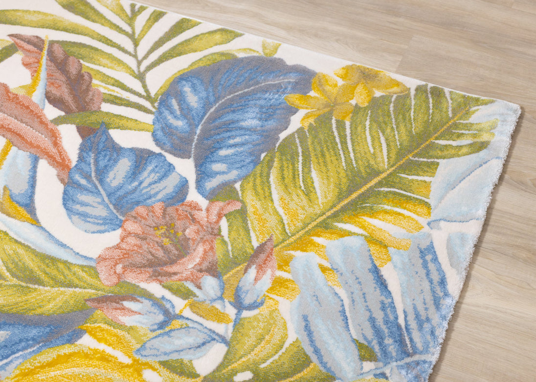 Belle Blue Pink Yellow Green Tropical Plant Rug - Furniture Depot