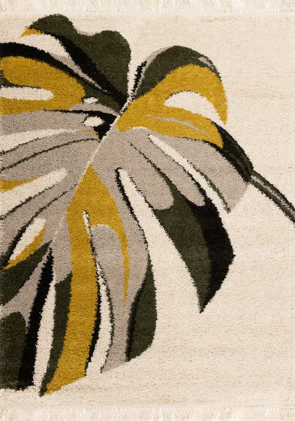 Bora Cream Green Yellow Monstera Leaf Shag Rug - Furniture Depot