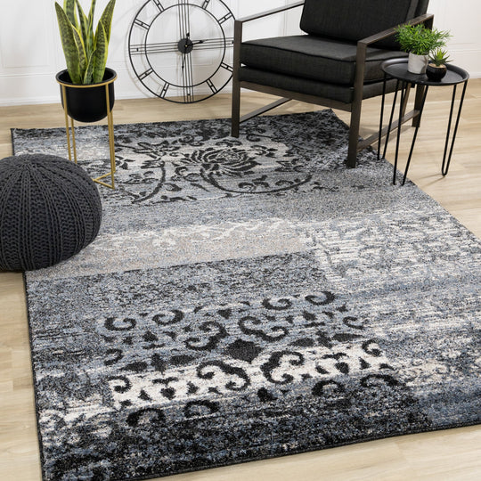 Breeze Blue Black Cream Pattern Patchwork Rug - Furniture Depot