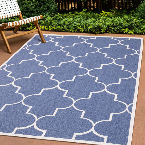 Bristol Blue White Outdoor Reversible Geometric Rug - Furniture Depot