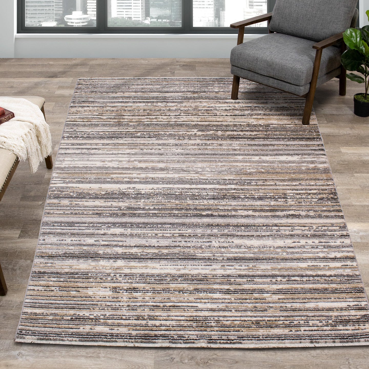 Calabar Grey Beige White Banded Blend Rug - Furniture Depot