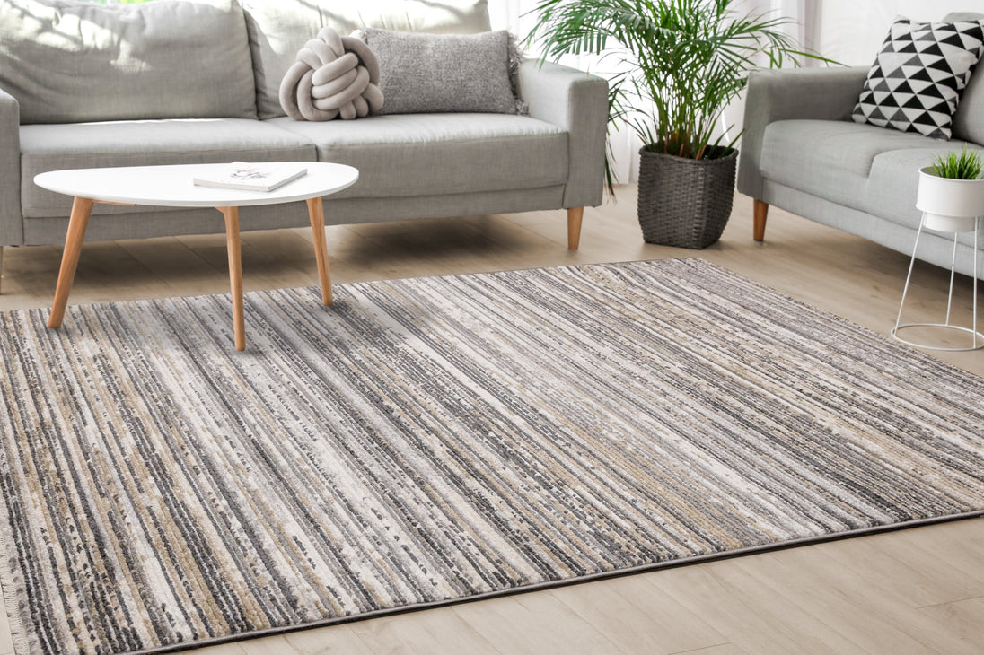 Calabar Grey Beige White Banded Blend Rug - Furniture Depot