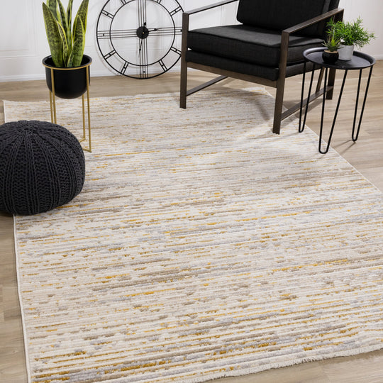 Calabar Cream Yellow Grey Distressed Carved Pile Striped Rug - Furniture Depot