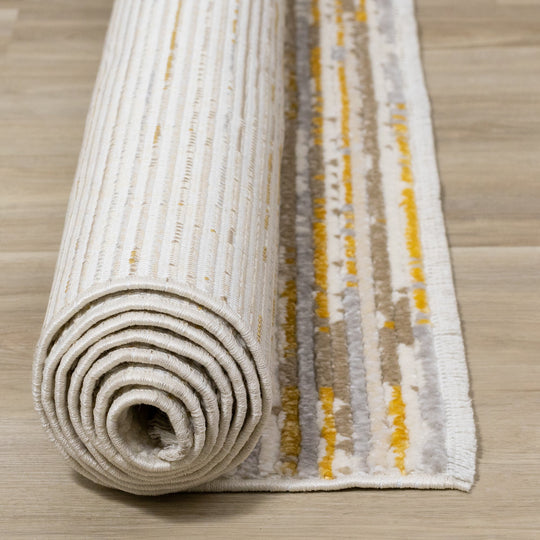 Calabar Cream Yellow Grey Distressed Carved Pile Striped Rug - Furniture Depot