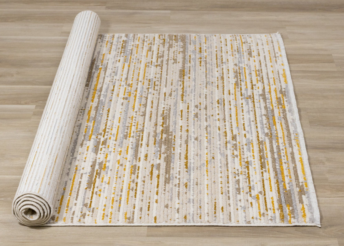 Calabar Cream Yellow Grey Distressed Carved Pile Striped Rug - Furniture Depot