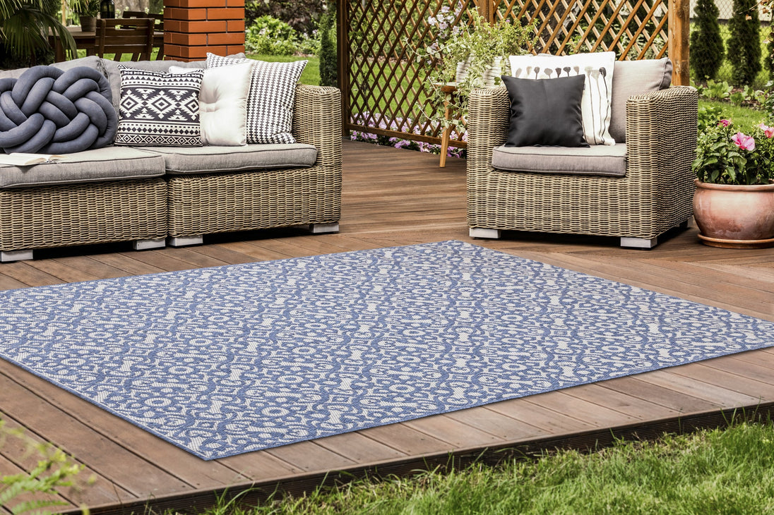 Canopy Blue Damask Flatweave Outdoor Rug - Furniture Depot