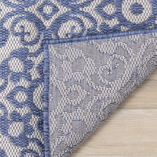 Canopy Blue Damask Flatweave Outdoor Rug - Furniture Depot