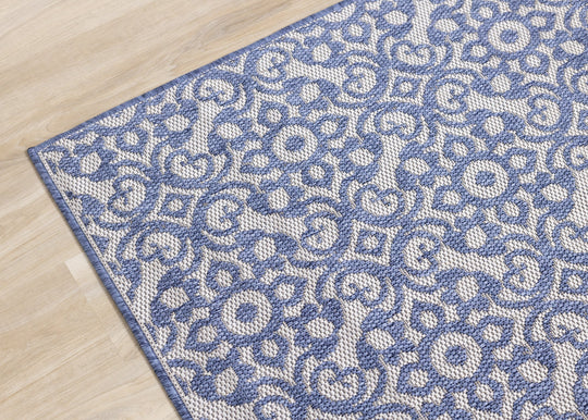 Canopy Blue Damask Flatweave Outdoor Rug - Furniture Depot