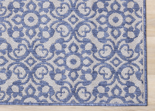 Canopy Blue Damask Flatweave Outdoor Rug - Furniture Depot