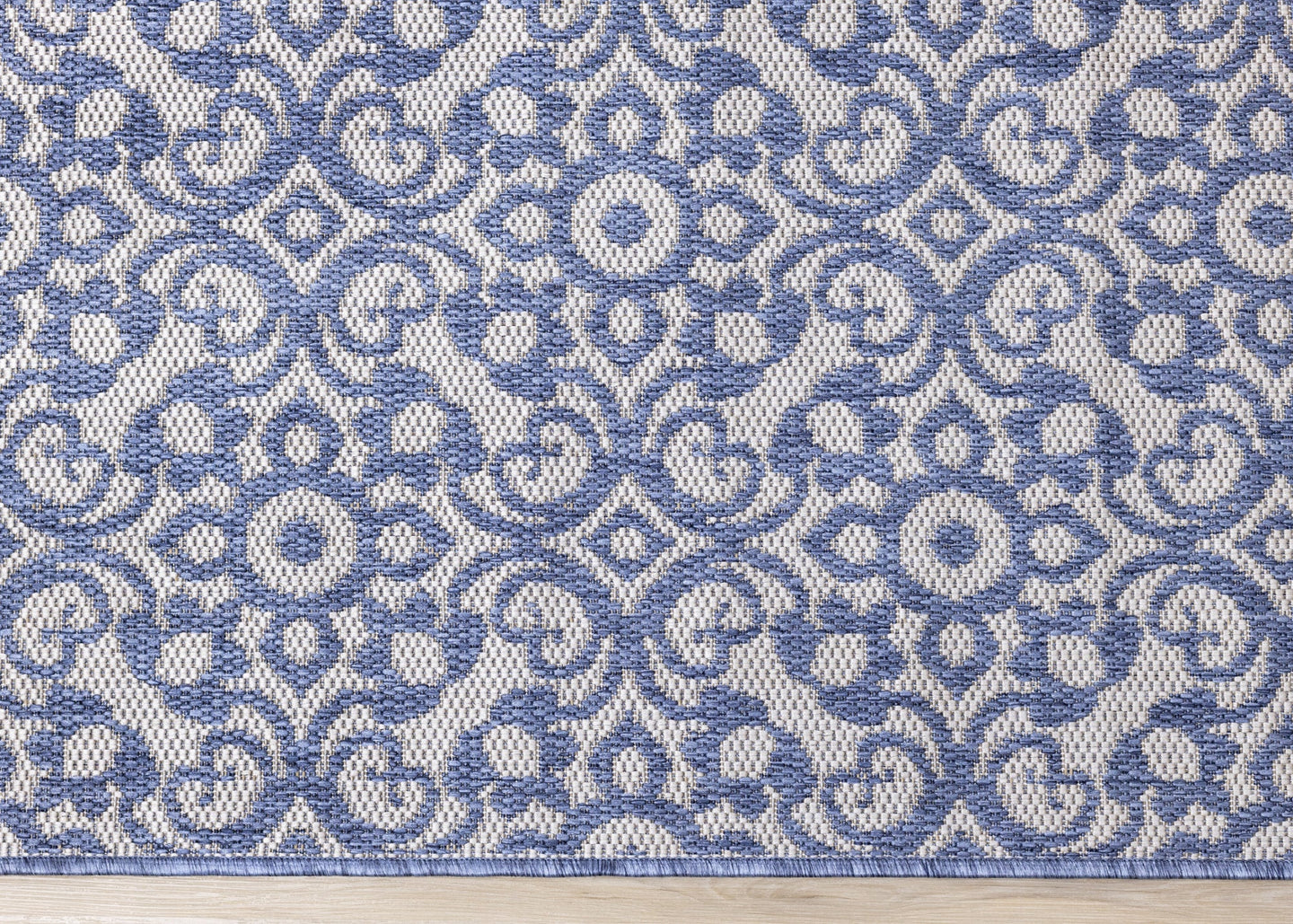 Canopy Blue Damask Flatweave Outdoor Rug - Furniture Depot