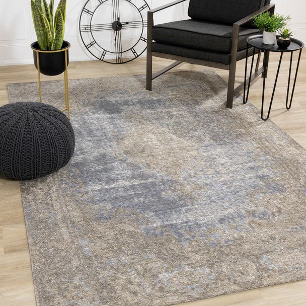 Cathedral Blue Grey Traditional Border Rug - Furniture Depot