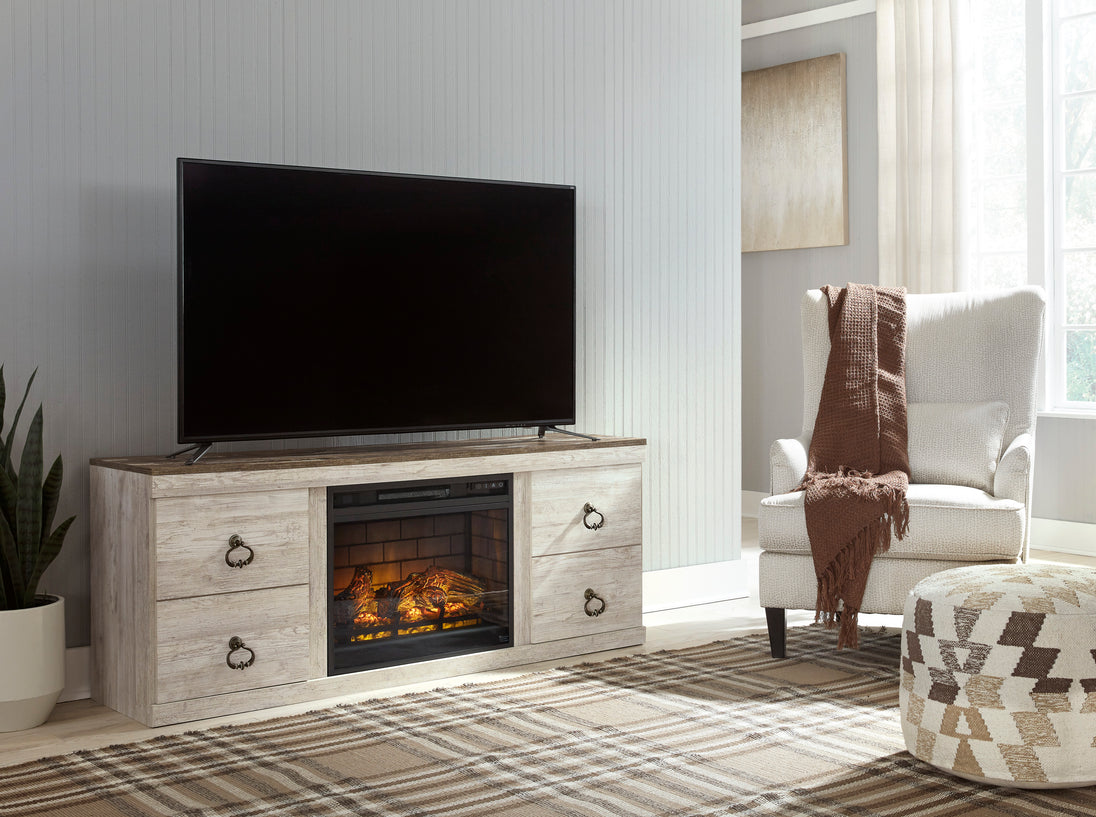 Willowton LG TV Stand w/Fireplace - Whitewash (RTA) - Furniture Depot