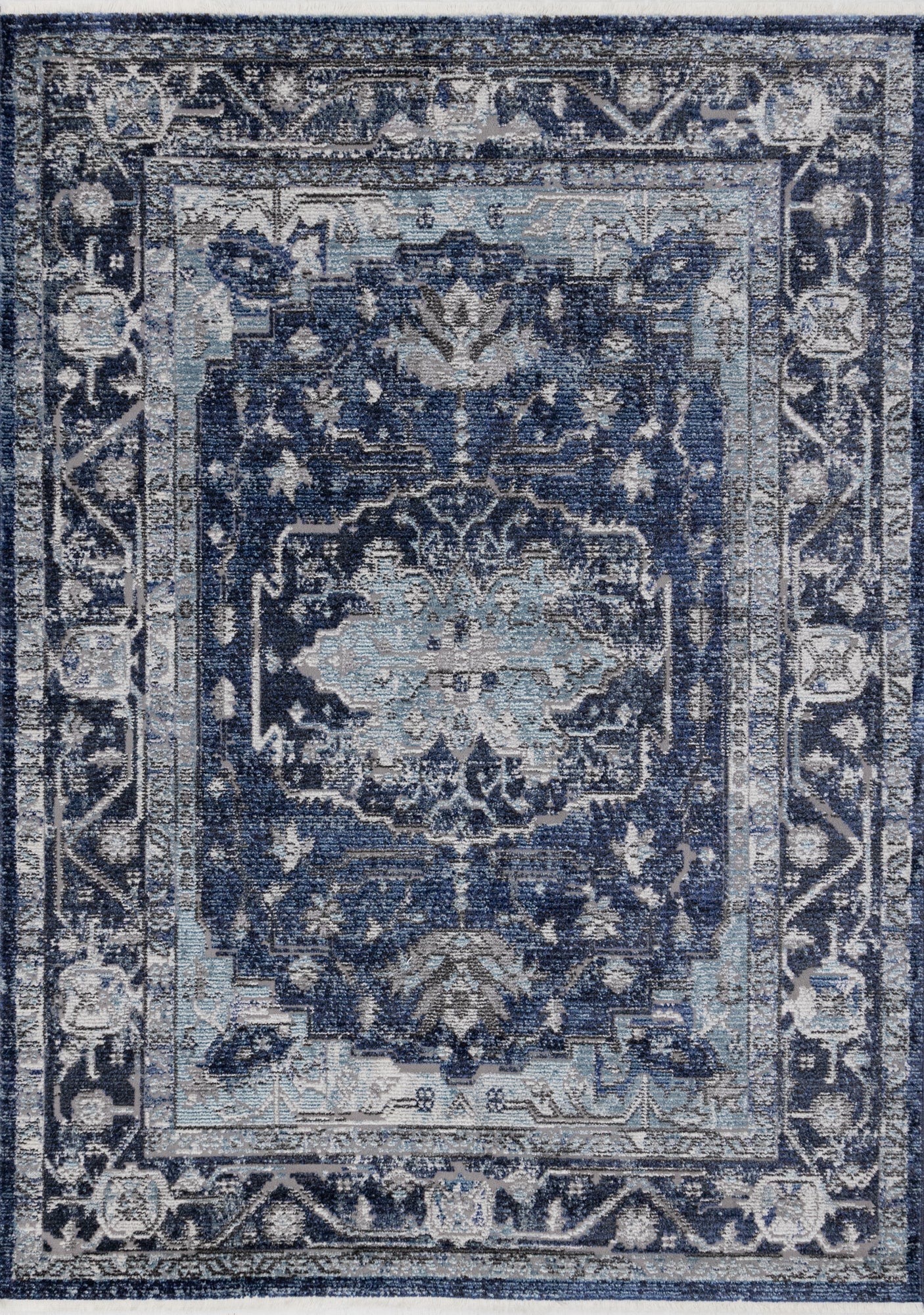 Evora Blue Grey Cream Elaborate Border Rug - Furniture Depot