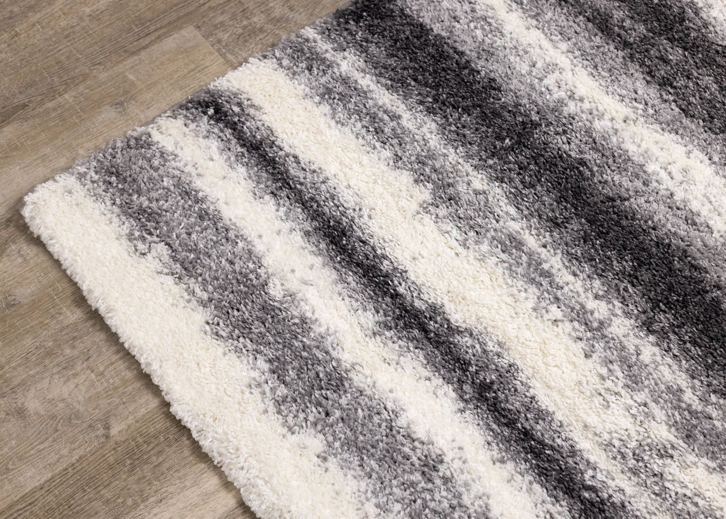 Fergus Grey White Stripes Shag Rug - Furniture Depot