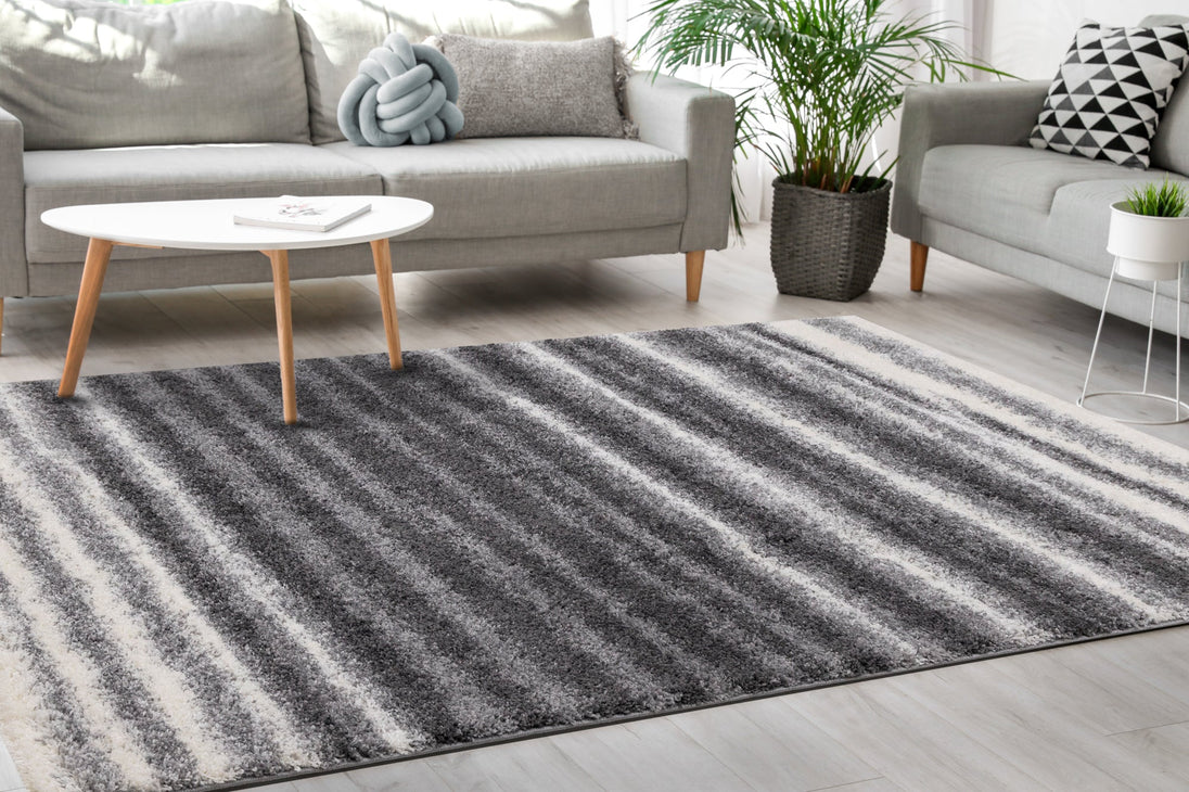 Fergus Grey White Stripes Shag Rug - Furniture Depot