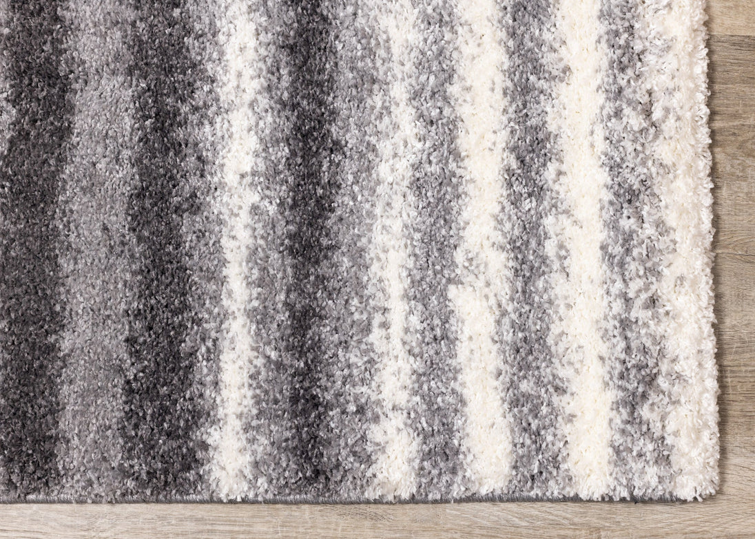 Fergus Grey White Stripes Shag Rug - Furniture Depot