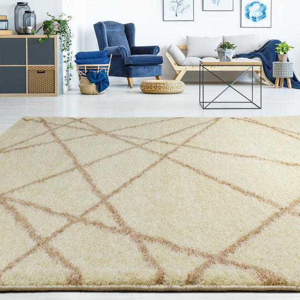 Fergus Cream Beige Lines Crossing Shag Rug - Furniture Depot