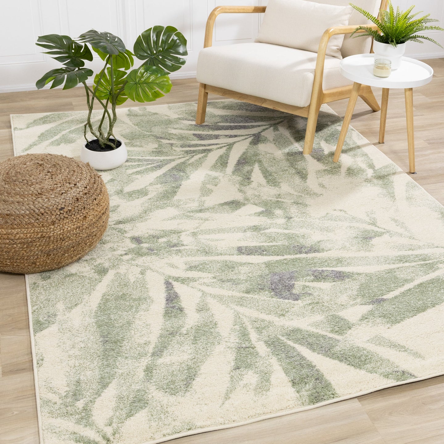 Focus Cream Green Palm Branch Rug - Furniture Depot