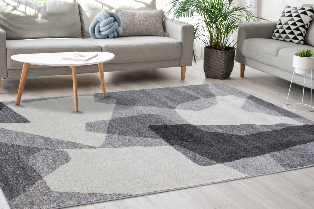 Focus Grey White Geometric Shapes Rug - Furniture Depot