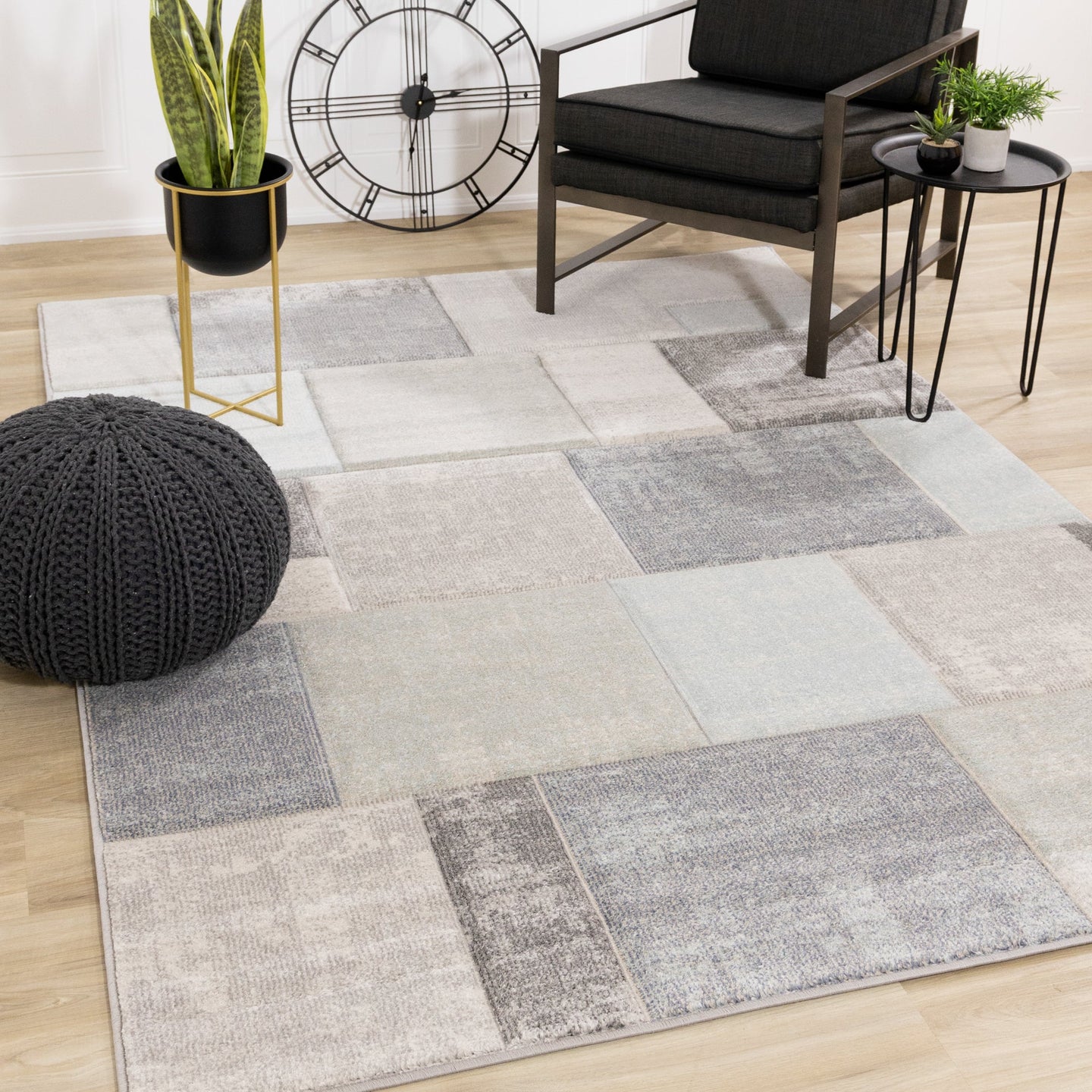 Folio Blue Grey Distressed Block Pattern Rug - Furniture Depot