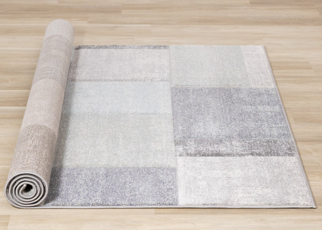 Folio Blue Grey Distressed Block Pattern Rug - Furniture Depot