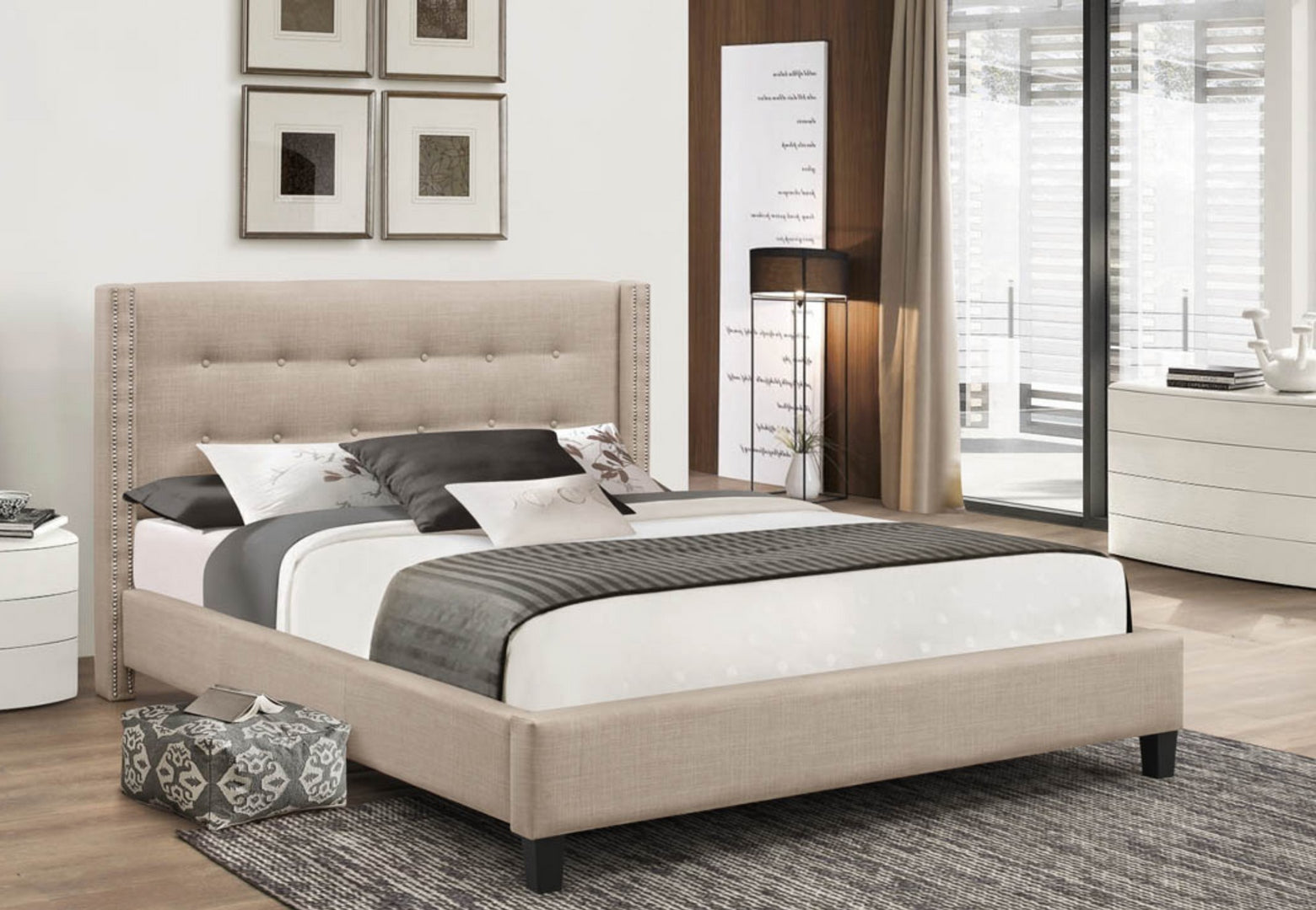 188 Beige Linen Bed - Furniture Depot
