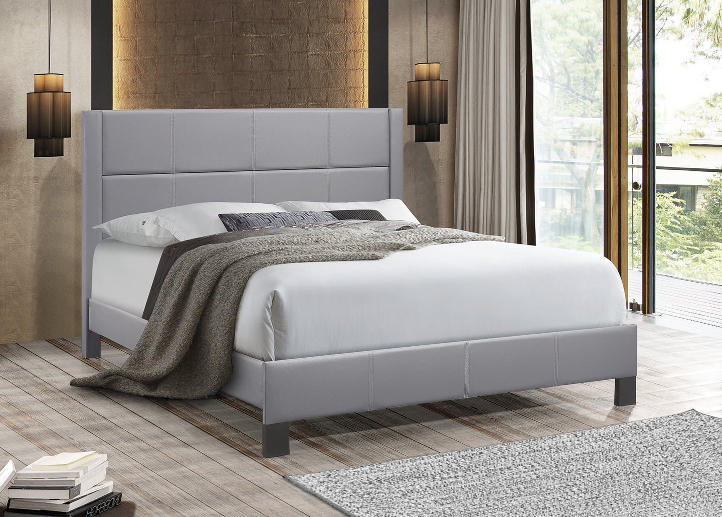 5353 Upholstered Grey PU Bed - Furniture Depot