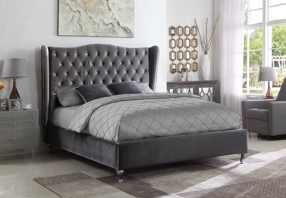 Jenny Grey Velvet Platform Bed w/ Chrome Feet - Furniture Depot