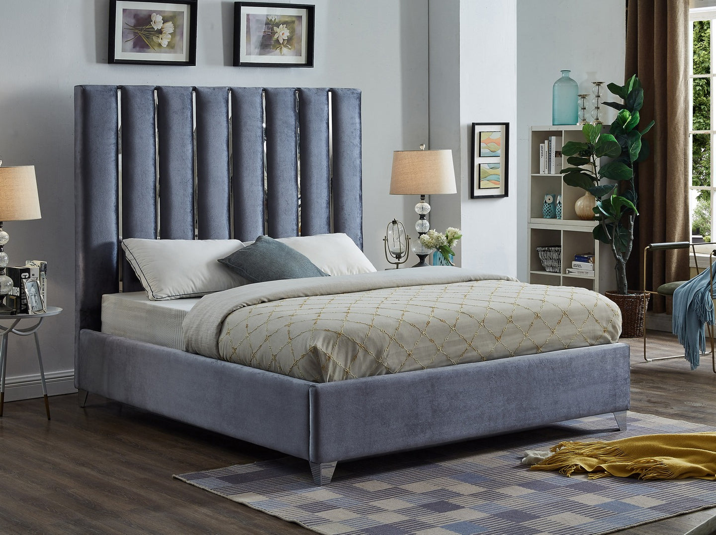 Karlin Bed Channel Design Features Velvet Grey - Furniture Depot