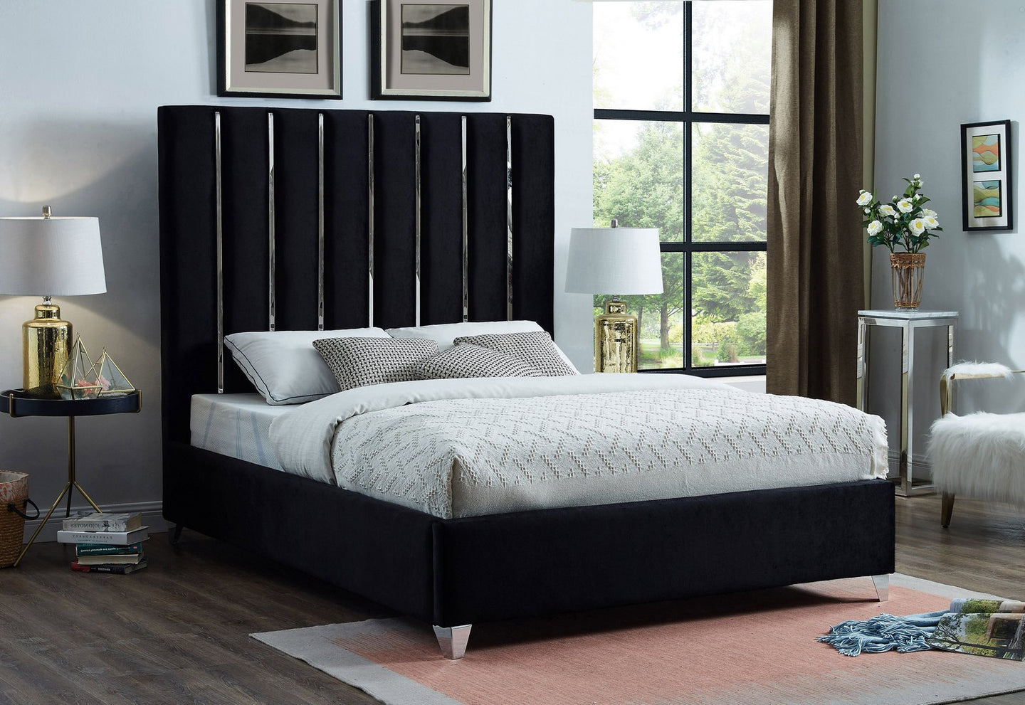 Karlin Bed Channel Design Features Velvet Black - Furniture Depot