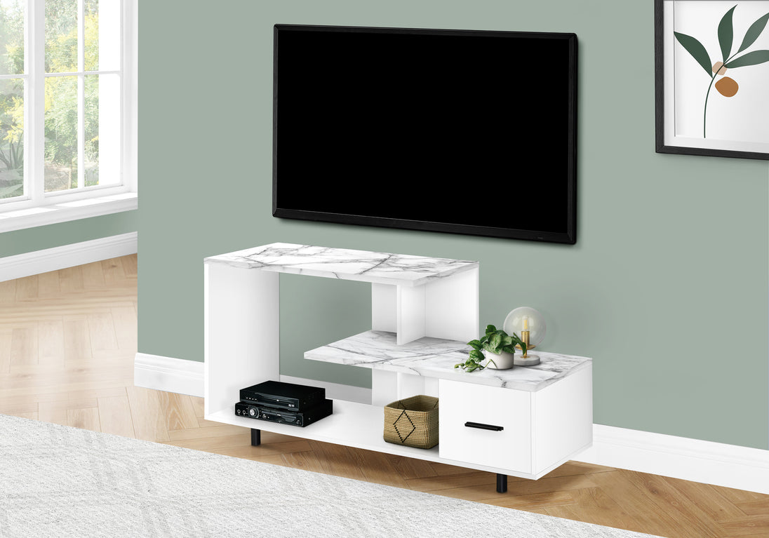 I 2609 Tv Stand - 48"L / White / White Marble Top / 1 Drawer - Furniture Depot (7881094889720)