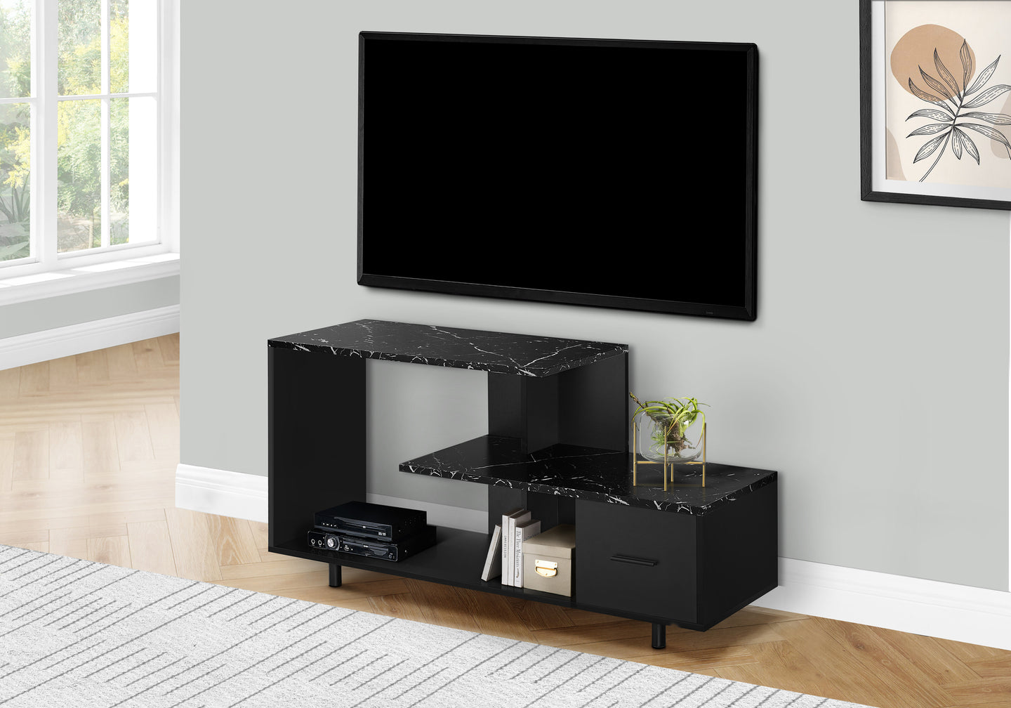 I 2610 Tv Stand - 48"L / Black / Black Marble Top / 1 Drawer - Furniture Depot