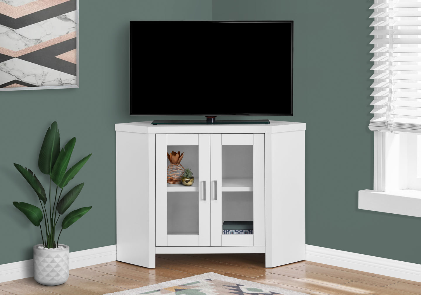 I 2703 Tv Stand - 42"L / White Corner With Glass Doors - Furniture Depot (7881095905528)