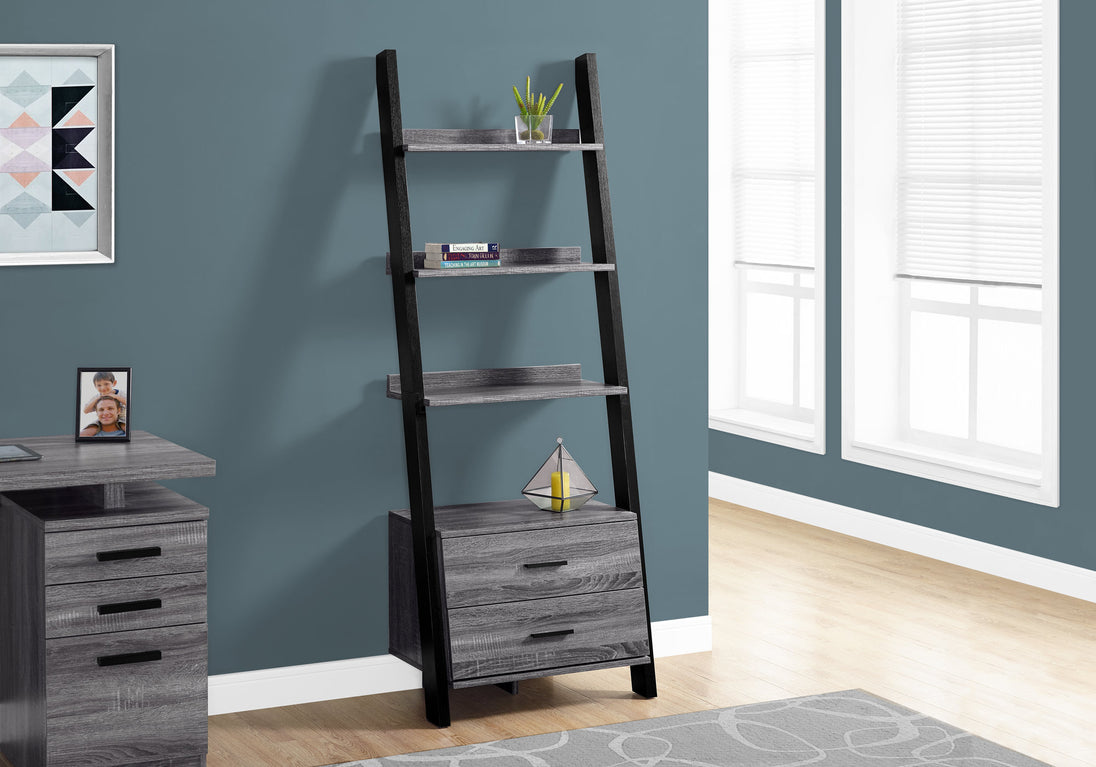 I 2755 Bookcase - 69"H / Grey-Black Ladder With 2 Storage Drawer - Furniture Depot (7881098428664)