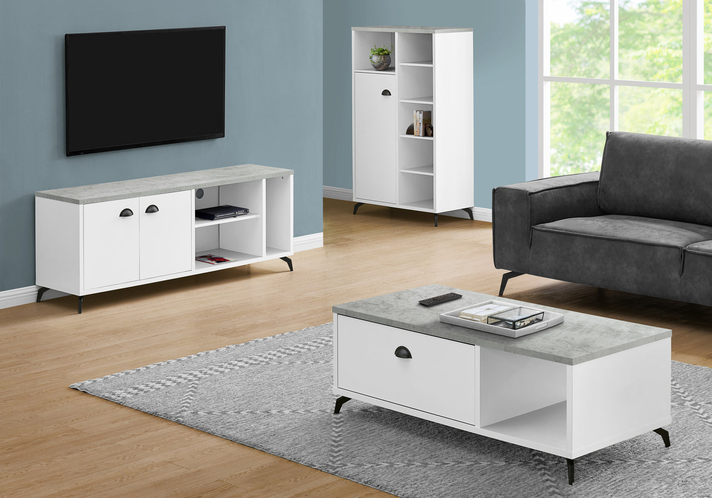 I 2841 Tv Stand - 60"L / White / Grey Cement-Look Top - Furniture Depot