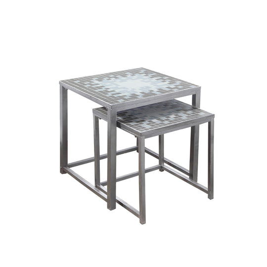 I 3141 Nesting Table - 2pcs Set / Grey / Blue Tile Top / Silver - Furniture Depot