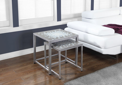 I 3141 Nesting Table - 2pcs Set / Grey / Blue Tile Top / Silver - Furniture Depot
