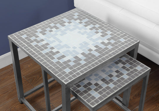 I 3141 Nesting Table - 2pcs Set / Grey / Blue Tile Top / Silver - Furniture Depot