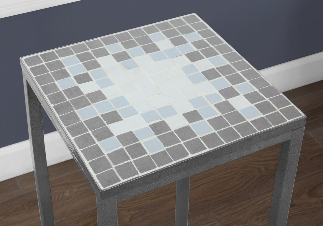 I 3145 Accent Table - Grey / Blue Tile Top / Hammered Silver - Furniture Depot (7881110782200)