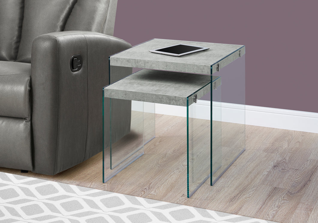 I 3231 Nesting Table - 2pcs Set / Grey Cement / Tempered Glass - Furniture Depot
