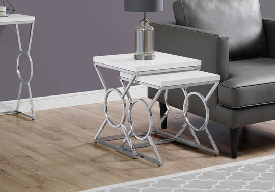 I 3401 Nesting Table - 2pcs Set / Glossy White / Chrome Metal - Furniture Depot