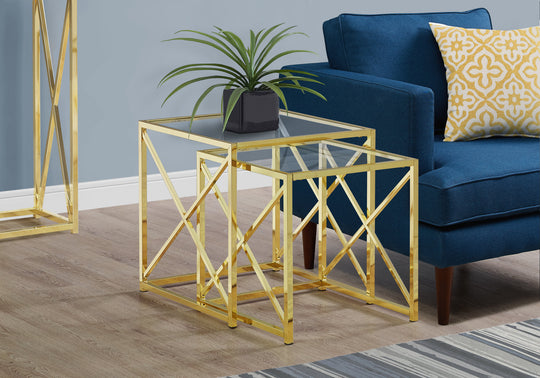 I 3445 Nesting Table - 2pcs Set / Gold Metal With Tempered Glass - Furniture Depot