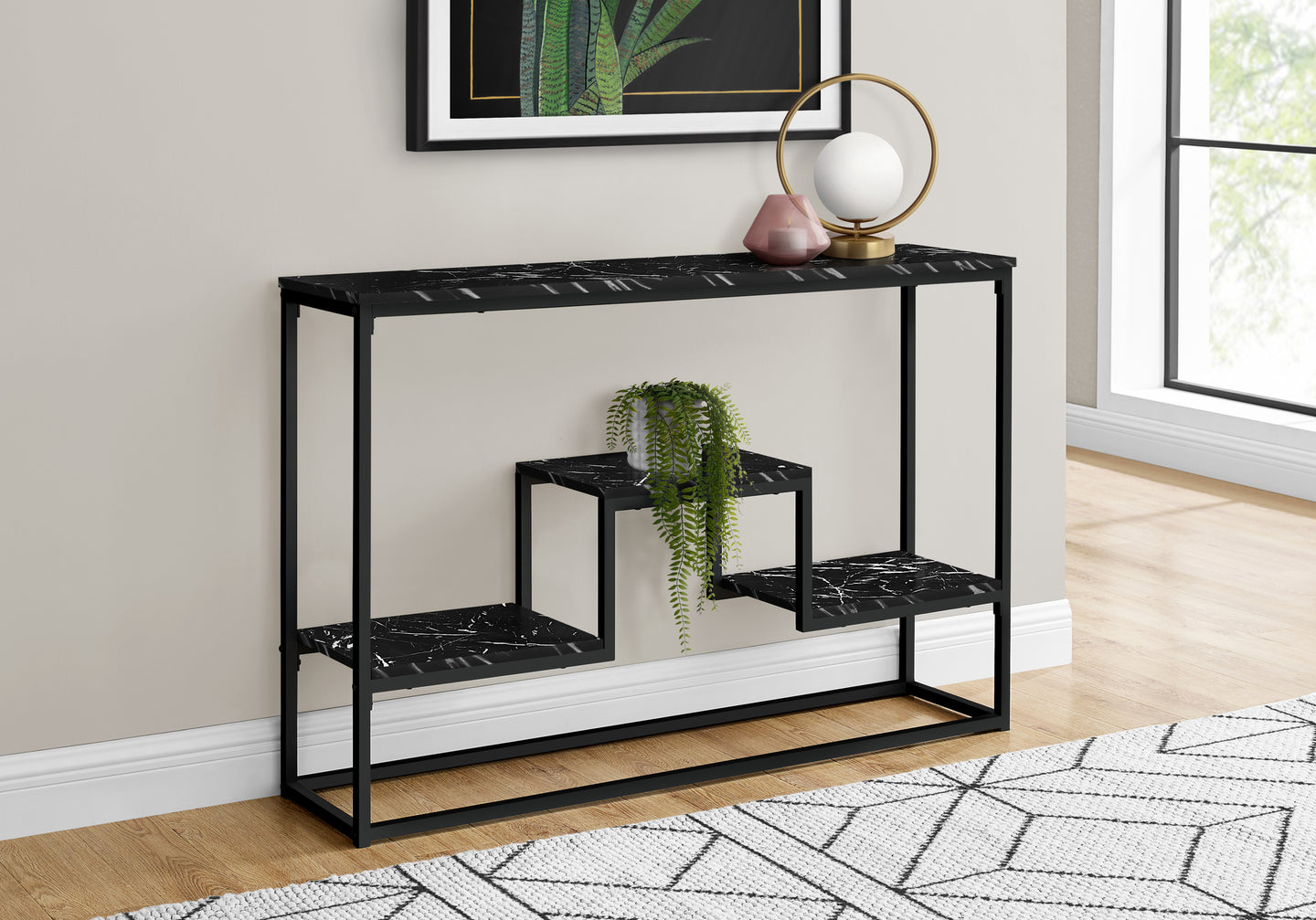 I 3579 Accent Table - 48"L / Black Marble / Black Metal Console - Furniture Depot