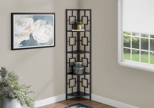 I 3610 Bookcase - 62"H / Black / Black Metal Corner Etagere - Furniture Depot